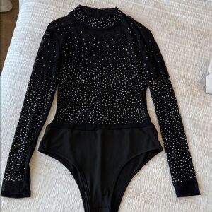 Black Long Sleeve Bodysuit with Rhinestones